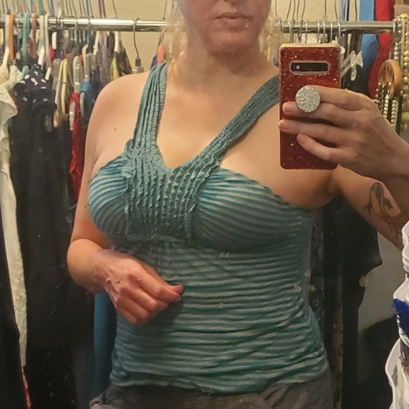 Candie's Striped Strappy Blue/Gray Summer Tank Top w/Ruffles Sz M - Picture 2 of 9